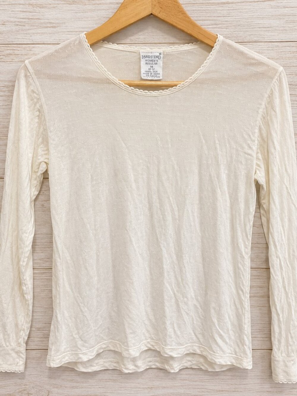 Lands’ End 100% Silk Long Sleeve Base Layer Top Cream M 10-12